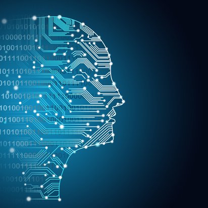 Aus Binärcode generiertes Profil eines menschlichen Kopfes in Weiß- und Blautönen. | TÜVIT Aus Binärcode generiertes Profil eines menschlichen Kopfes in Weiß- und Blautönen. | TÜVIT