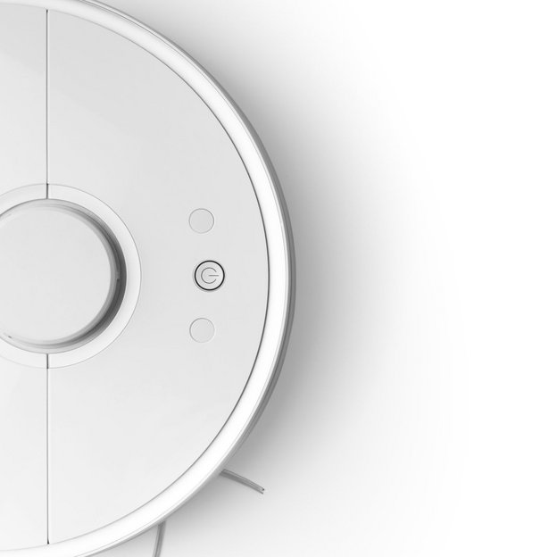 Weißer Saugroboter Weißer Saugroboter fährt von links in das Bild hinein